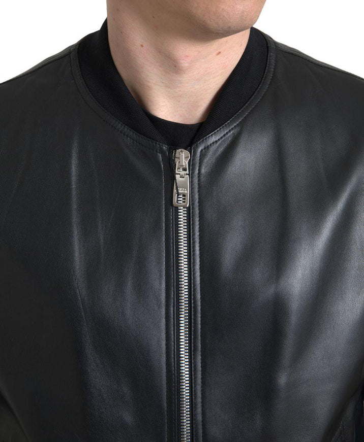 Dolce & Gabbana Black Leather Full Zip Bomber Men Jacket - Ellie Belle