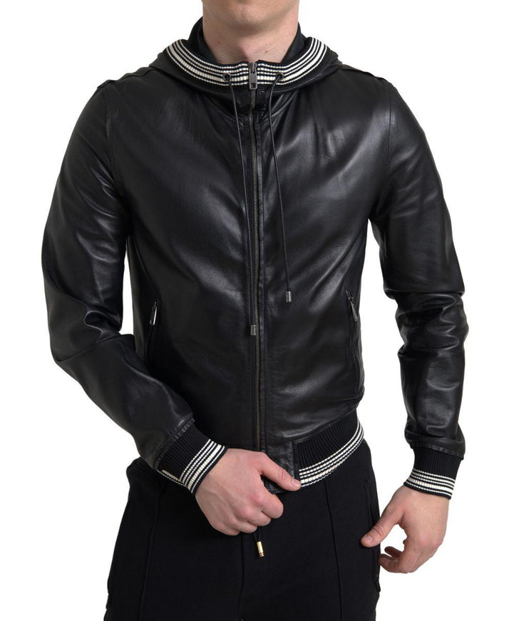 Dolce & Gabbana Black Leather Full Zip Hooded Men Jacket - Ellie Belle