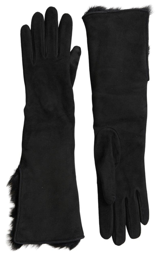 Dolce & Gabbana Black Leather Fur Elbow Length Gloves - Ellie Belle