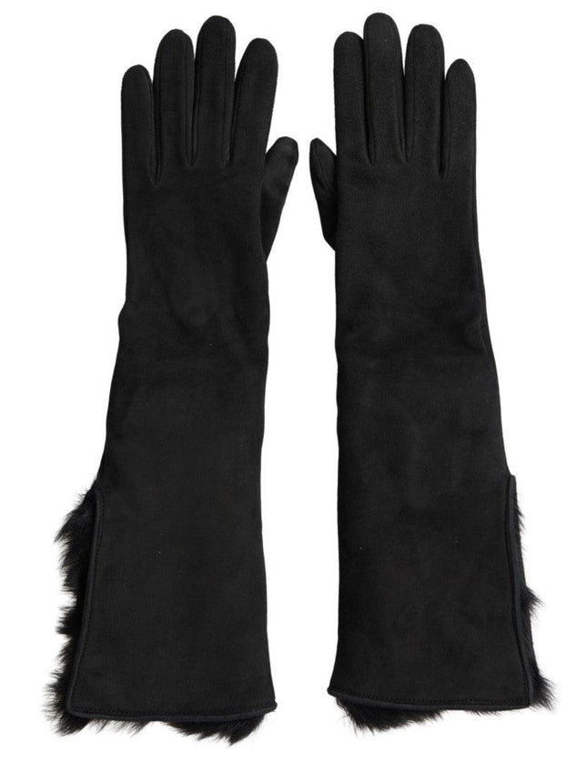 Dolce & Gabbana Black Leather Fur Elbow Length Gloves - Ellie Belle