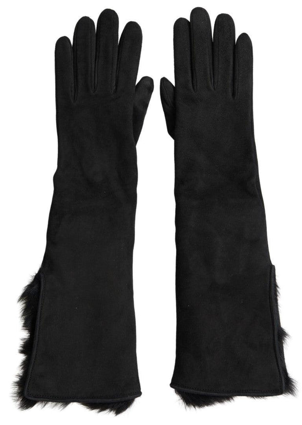 Dolce & Gabbana Black Leather Fur Elbow Length Gloves - Ellie Belle