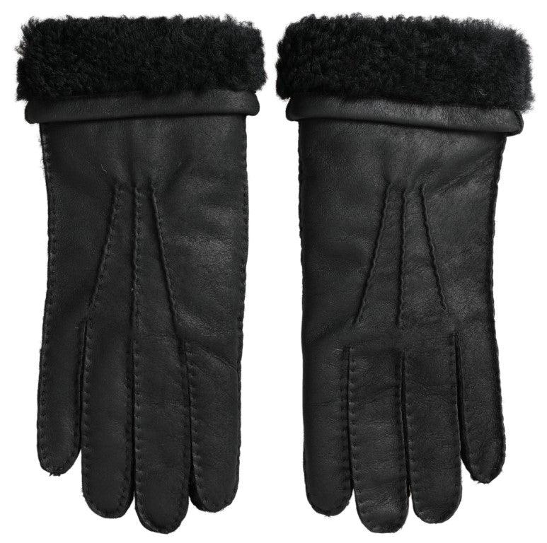 Dolce & Gabbana Black Leather Fur Short Hands Mitten Men Gloves - Ellie Belle