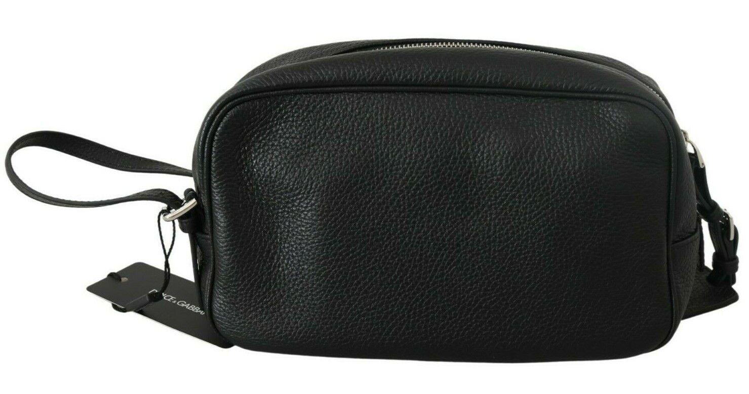 Dolce & Gabbana Black Leather Hand Men Toiletry Pouch Wristlet Bag - Ellie Belle