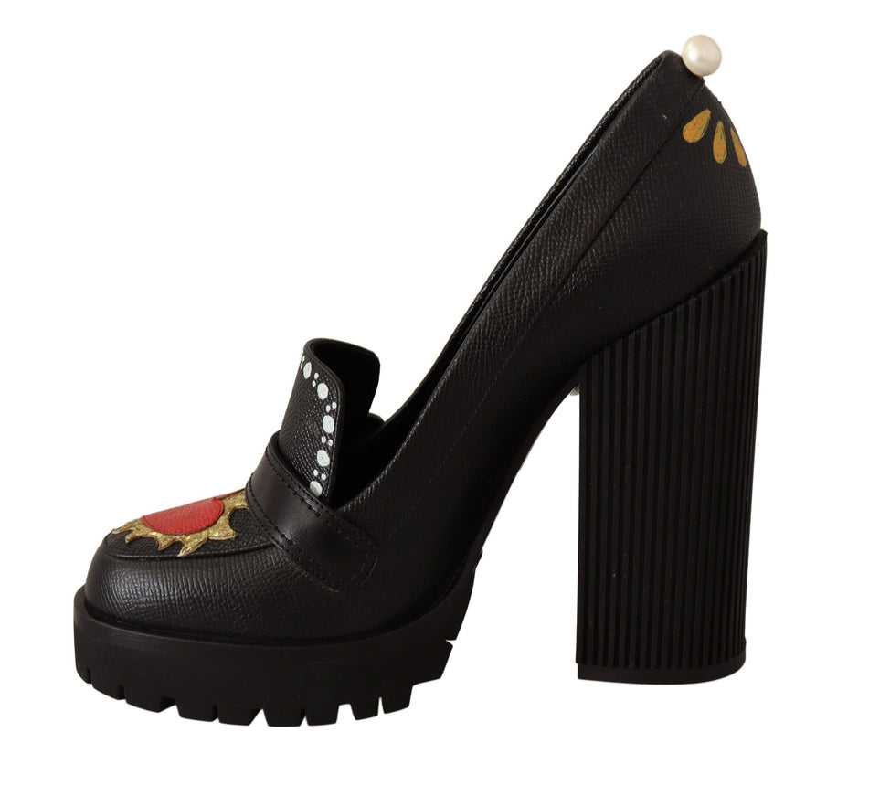 Dolce & Gabbana Black Leather Heart Embellished Pumps Shoes - Ellie Belle