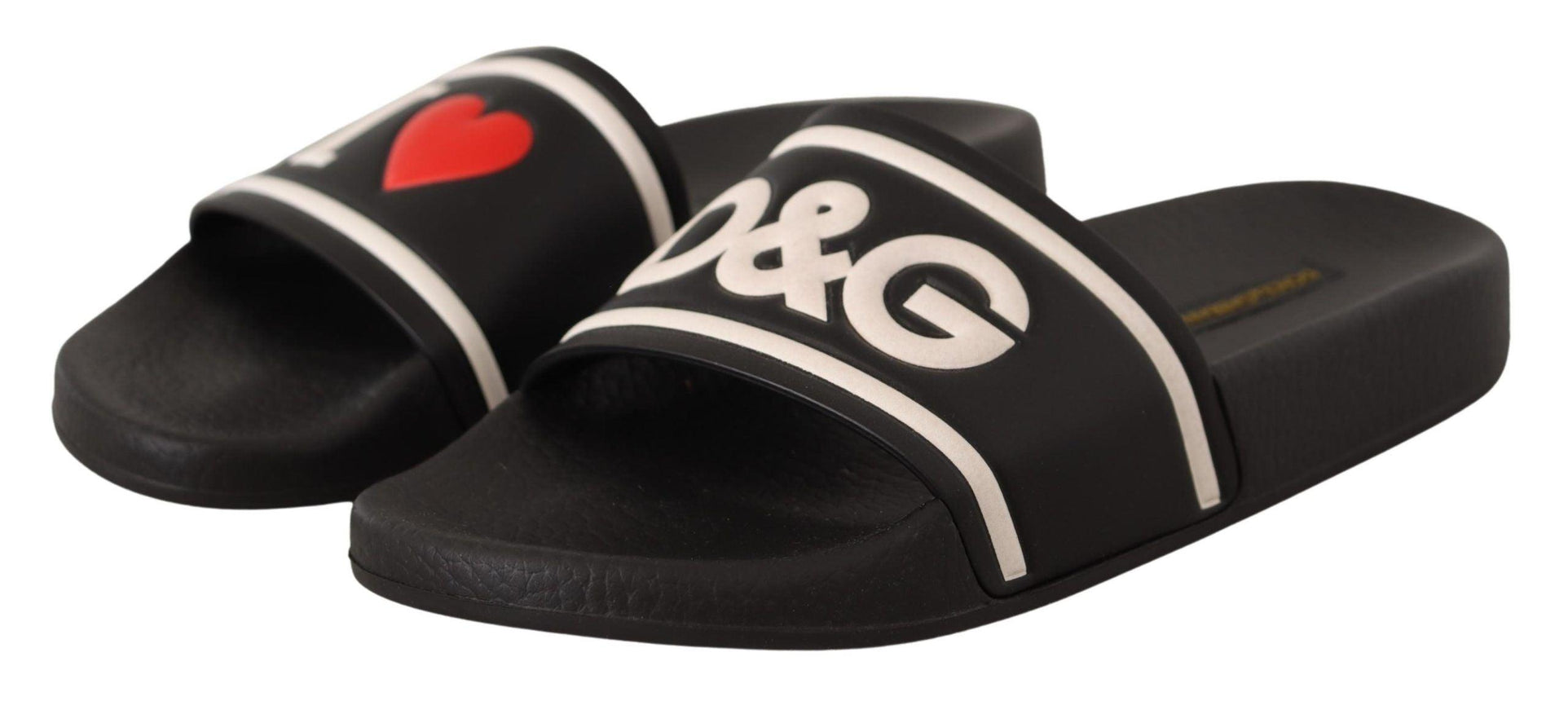 Dolce & Gabbana Black Leather I Love D&G Slides Sandals - Ellie Belle