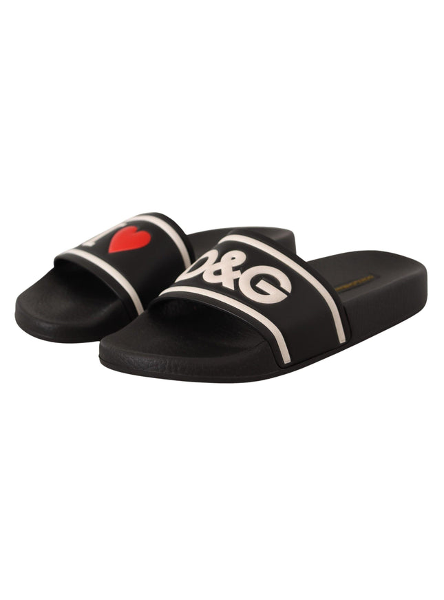Dolce & Gabbana Black Leather I Love D&G Slides Sandals - Ellie Belle