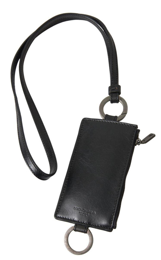 Dolce & Gabbana Black Leather Lanyard Logo Card Holder Men Wallet - Ellie Belle