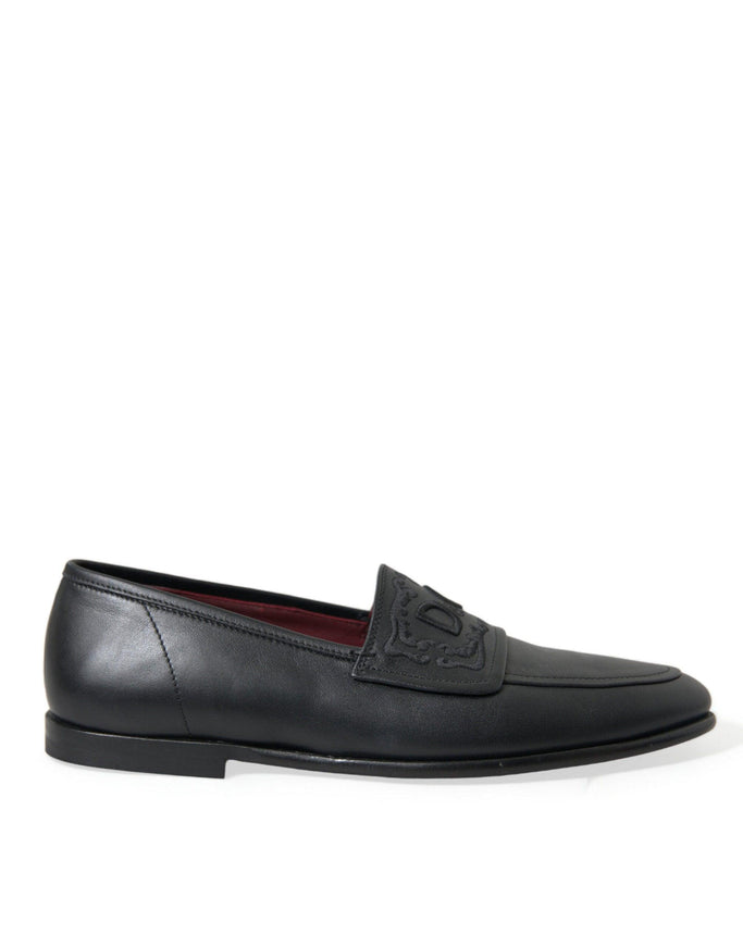 Dolce & Gabbana Black Leather Logo Embroidery Loafers Dress Shoes - Ellie Belle