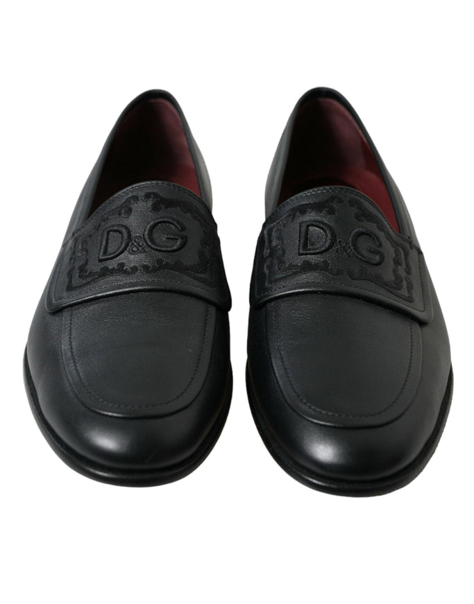 Dolce & Gabbana Black Leather Logo Embroidery Loafers Dress Shoes - Ellie Belle