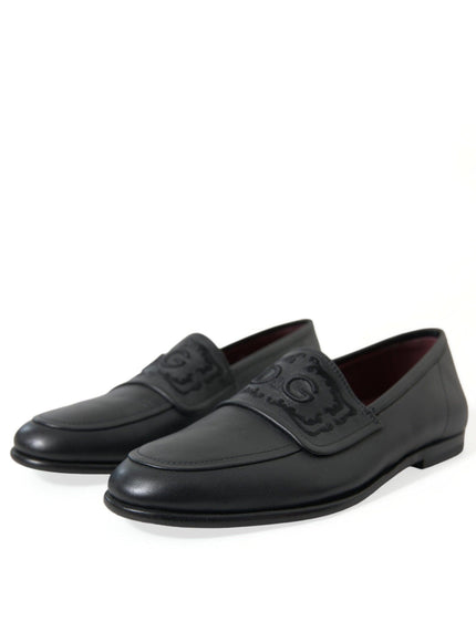 Dolce & Gabbana Black Leather Logo Embroidery Loafers Dress Shoes - Ellie Belle