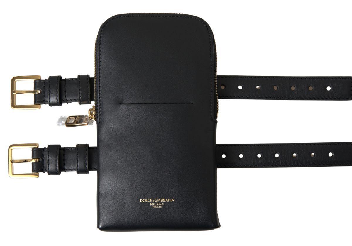 Dolce & Gabbana Black Leather Men Purse Double Belt Strap Bracelet Bag - Ellie Belle