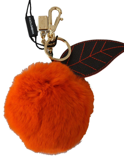 Dolce & Gabbana Black Leather Orange Fur Gold Clasp Keyring Keychain - Ellie Belle