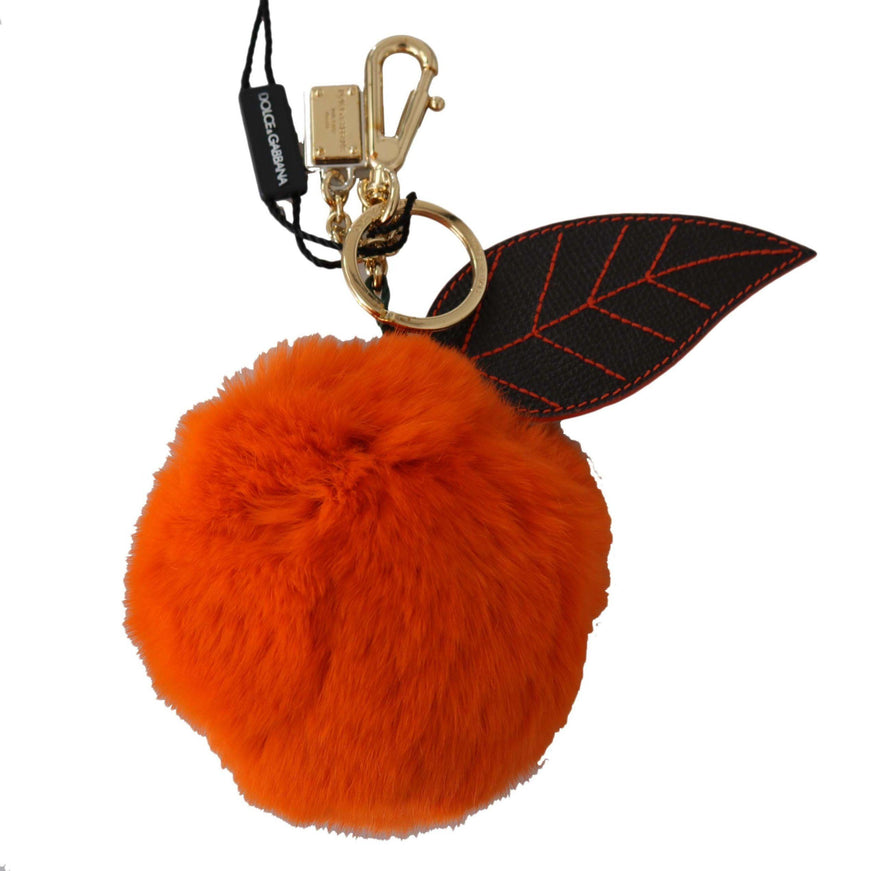 Dolce & Gabbana Black Leather Orange Fur Gold Clasp Keyring Keychain - Ellie Belle