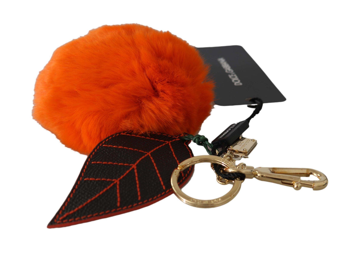 Dolce & Gabbana Black Leather Orange Fur Gold Clasp Keyring Keychain - Ellie Belle