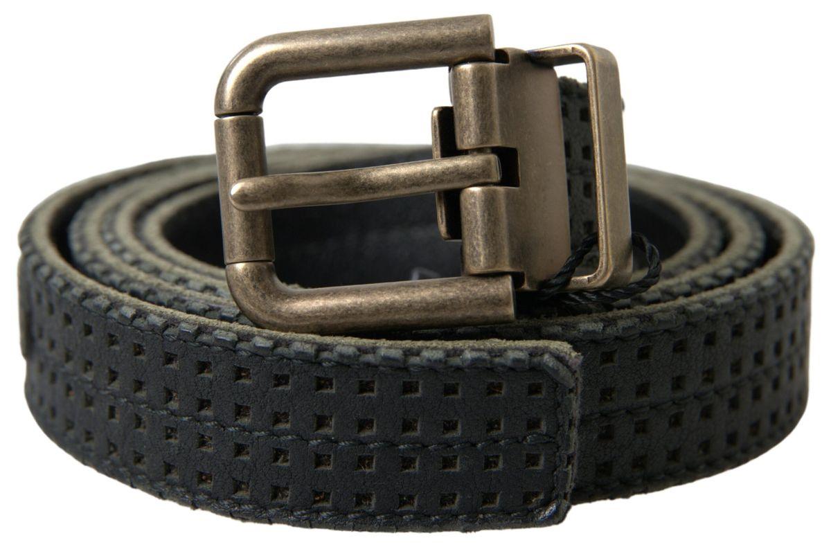 Dolce & Gabbana Black Leather Perforated Gold Buckle Belt - Ellie Belle