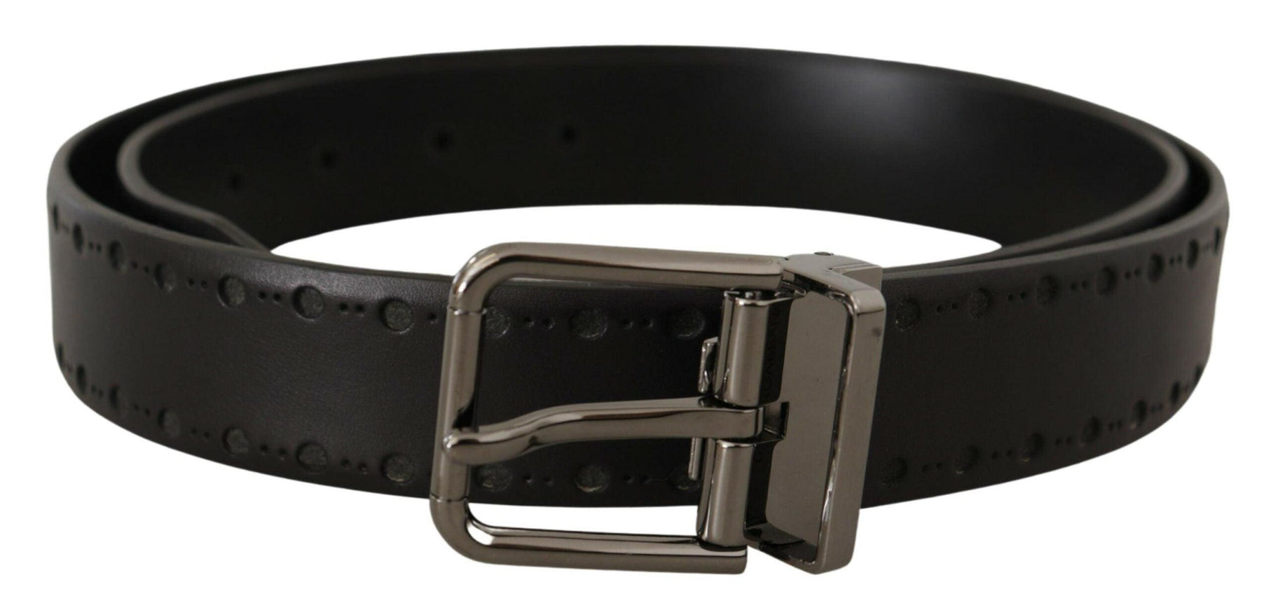 Dolce & Gabbana Black Leather Perforated Logo Metal Buckle Belt - Ellie Belle