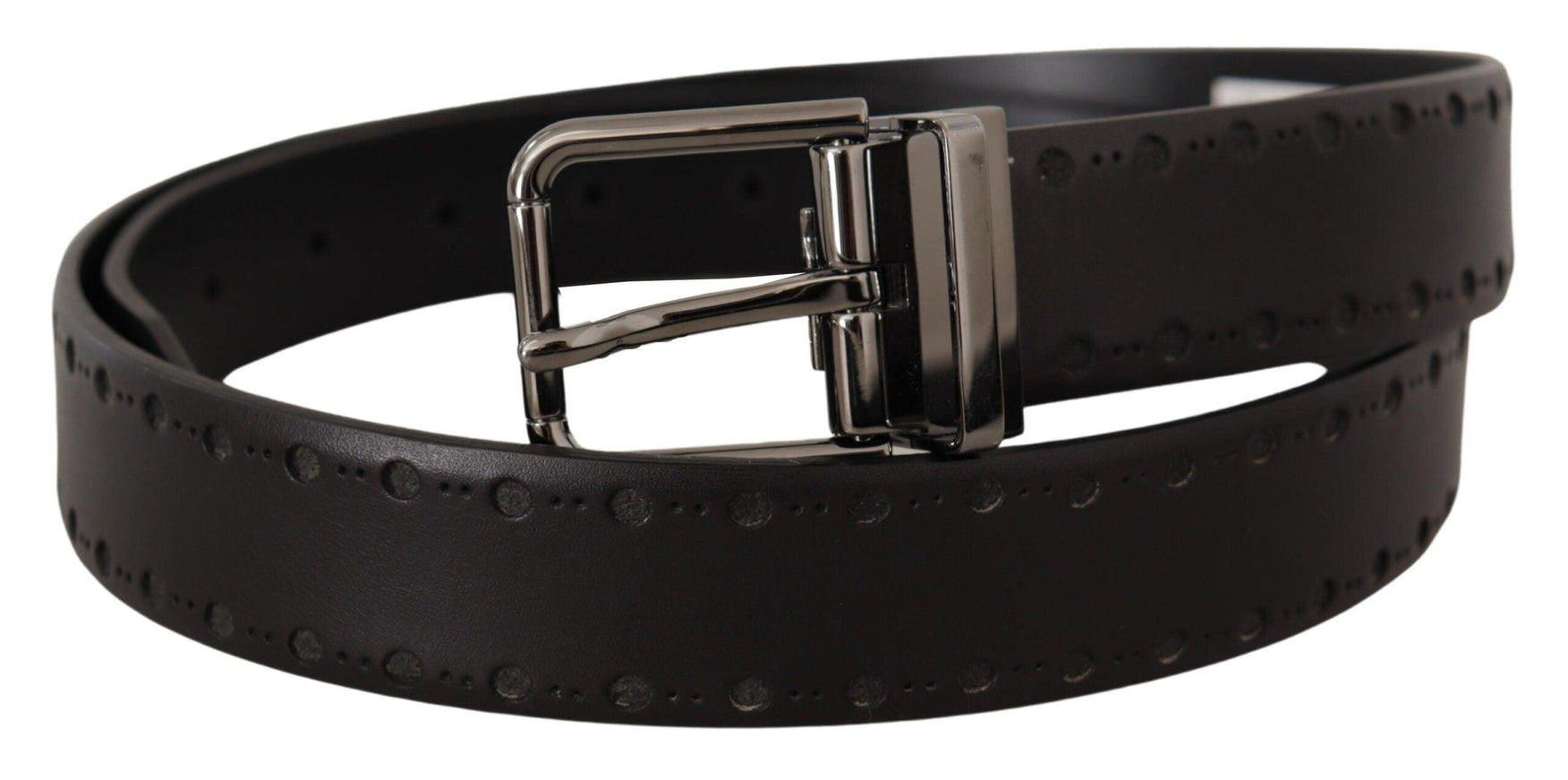 Dolce & Gabbana Black Leather Perforated Logo Metal Buckle Belt - Ellie Belle