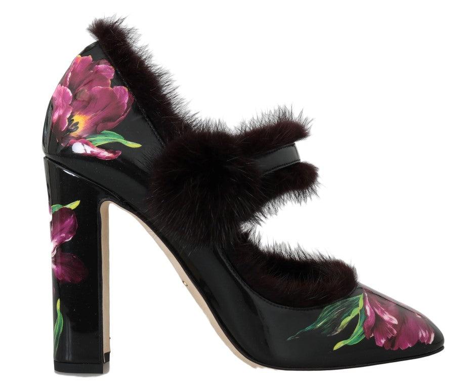 Dolce & Gabbana Black Leather Purple Tulip Mink Fur Pumps - Ellie Belle