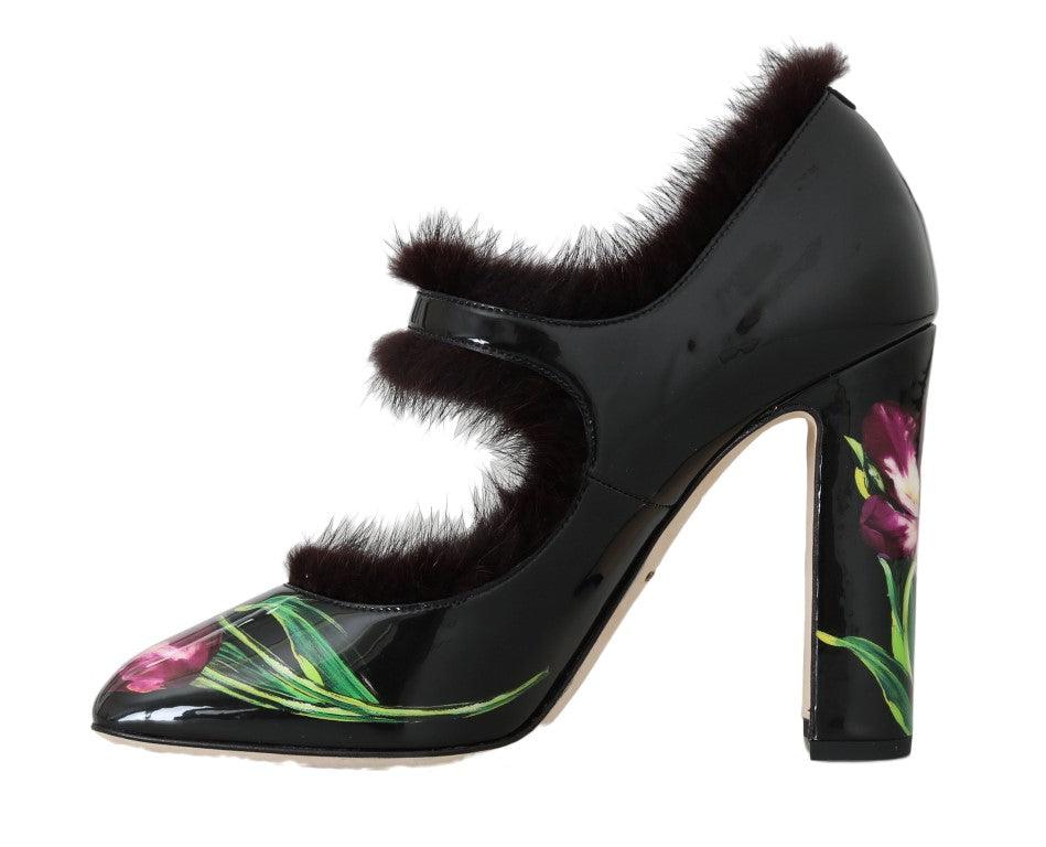 Dolce & Gabbana Black Leather Purple Tulip Mink Fur Pumps - Ellie Belle