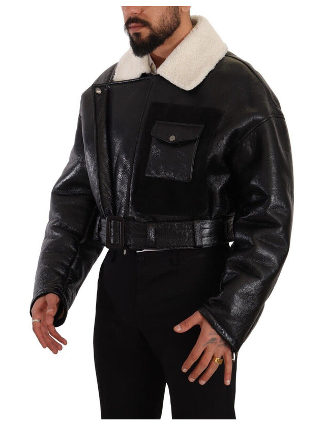Dolce & Gabbana Black Leather Shearling Biker Coat Jacket - Ellie Belle