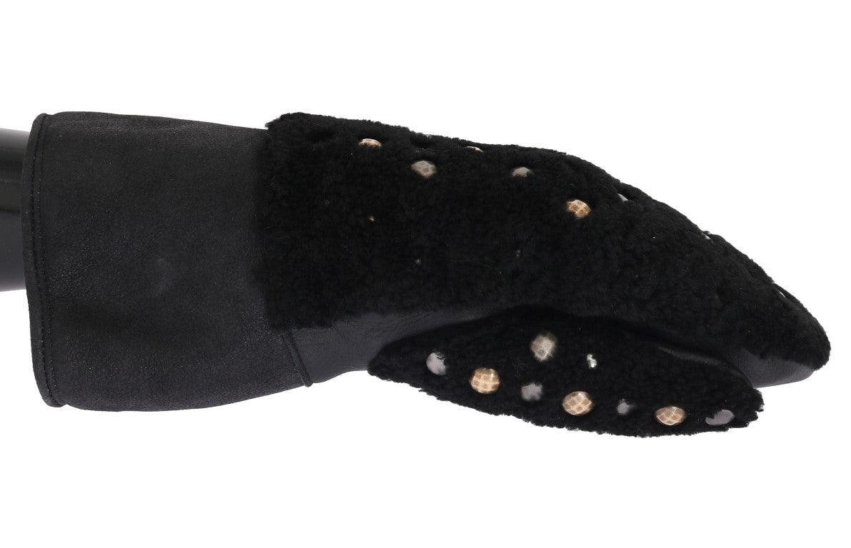 Dolce & Gabbana Black Leather Shearling Studded Gloves - Ellie Belle