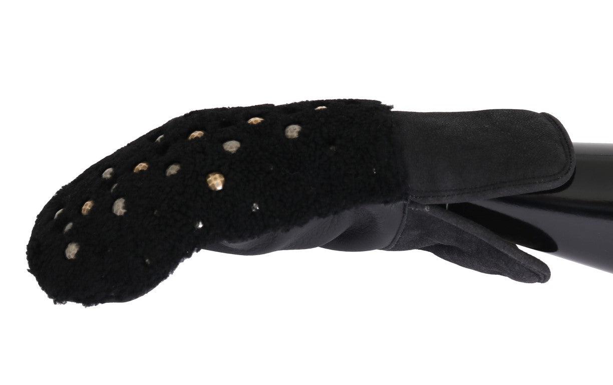 Dolce & Gabbana Black Leather Shearling Studded Gloves - Ellie Belle