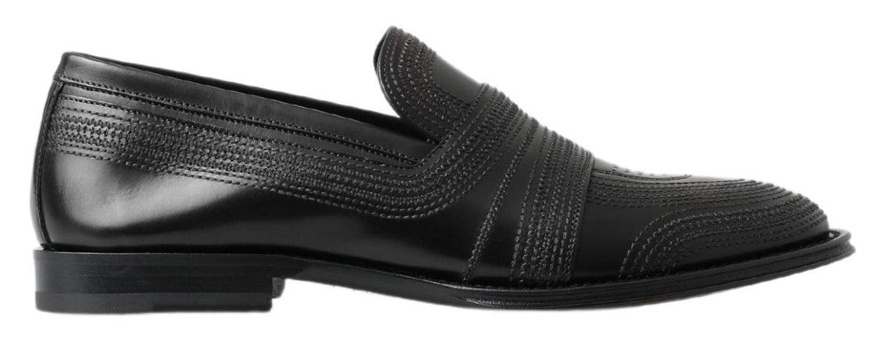 Dolce & Gabbana Black Leather Slipper Loafers Stitched Shoes - Ellie Belle