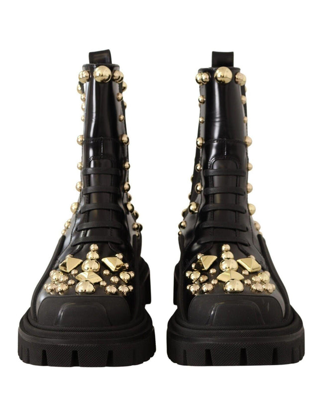 Dolce & Gabbana Black Leather Studded Combat Boots - Ellie Belle