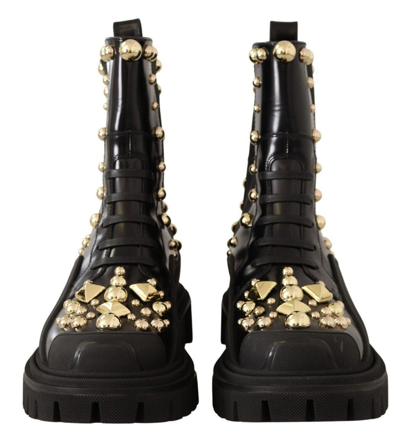 Dolce & Gabbana Black Leather Studded Combat Boots - Ellie Belle