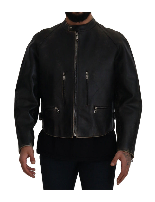 Dolce & Gabbana Black Leather Zipper Biker Coat Jacket - Ellie Belle
