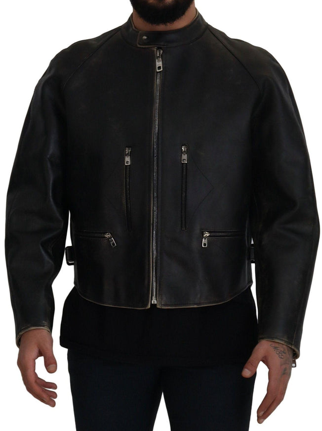 Dolce & Gabbana Black Leather Zipper Biker Coat Jacket - Ellie Belle