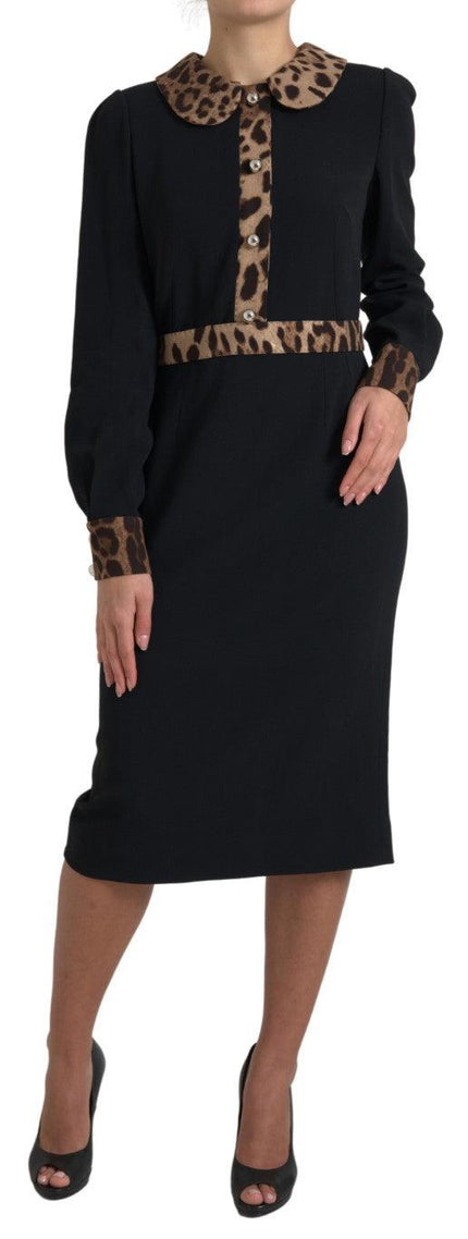 Dolce & Gabbana Black Leopard Collared Sheath Midi Dress - Ellie Belle