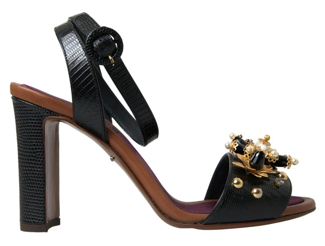 Dolce & Gabbana Black Lizard Embossed Floral Pearls Sandals Shoes - Ellie Belle