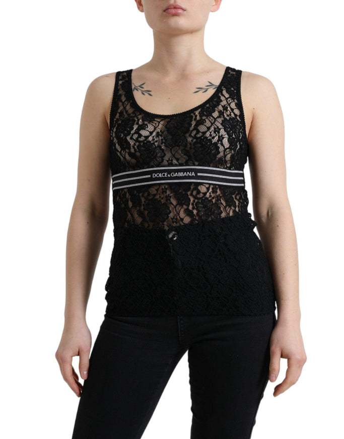 Dolce & Gabbana Black Logo Stripe Lace Sleeveless Tank Top - Ellie Belle