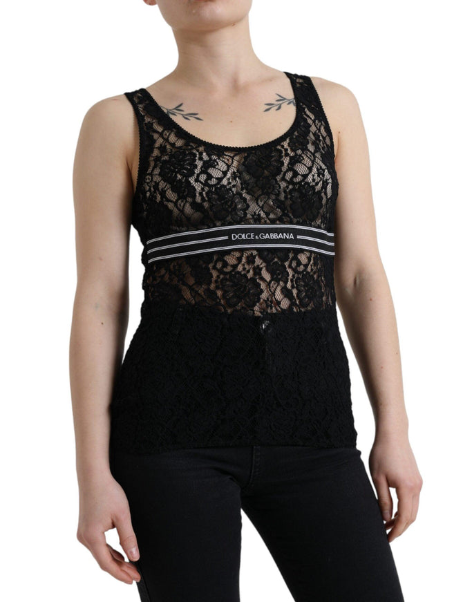 Dolce & Gabbana Black Logo Stripe Lace Sleeveless Tank Top - Ellie Belle