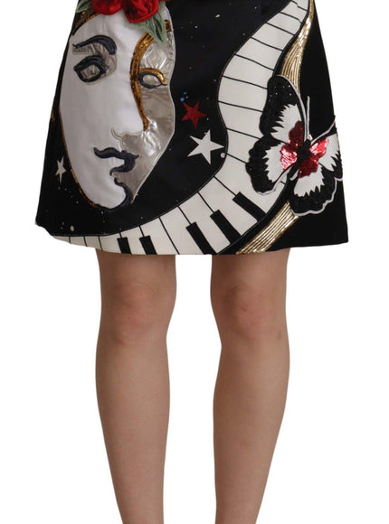 Dolce & Gabbana Black Love Clock Sequined Piano Skirt