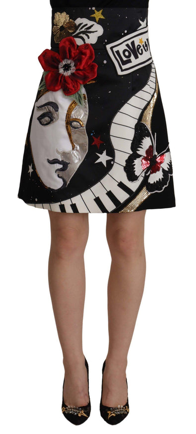 Dolce & Gabbana Black Love Clock Sequined Piano Skirt - Ellie Belle