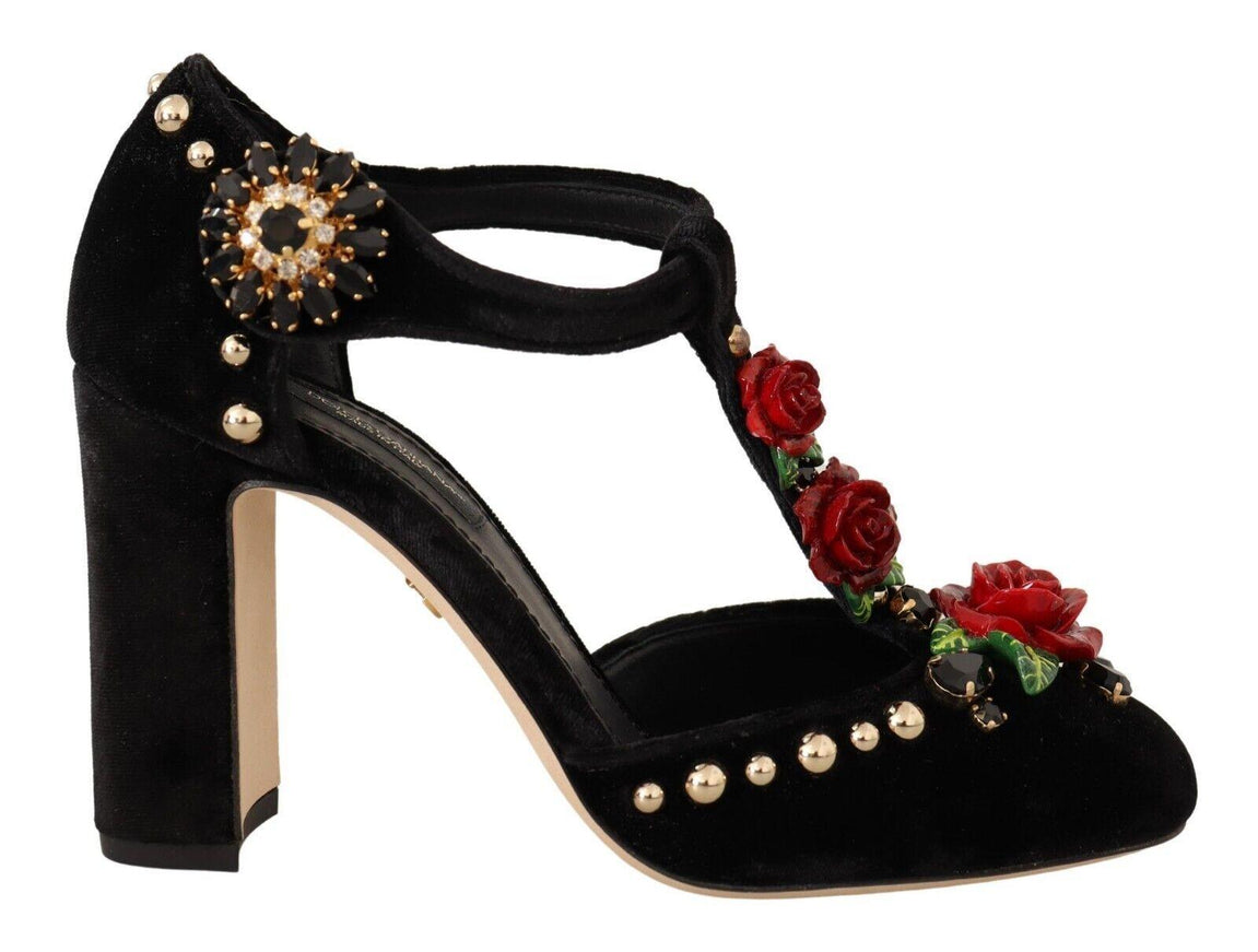 Dolce & Gabbana Black Mary Jane Pumps Roses Crystals Shoes - Ellie Belle