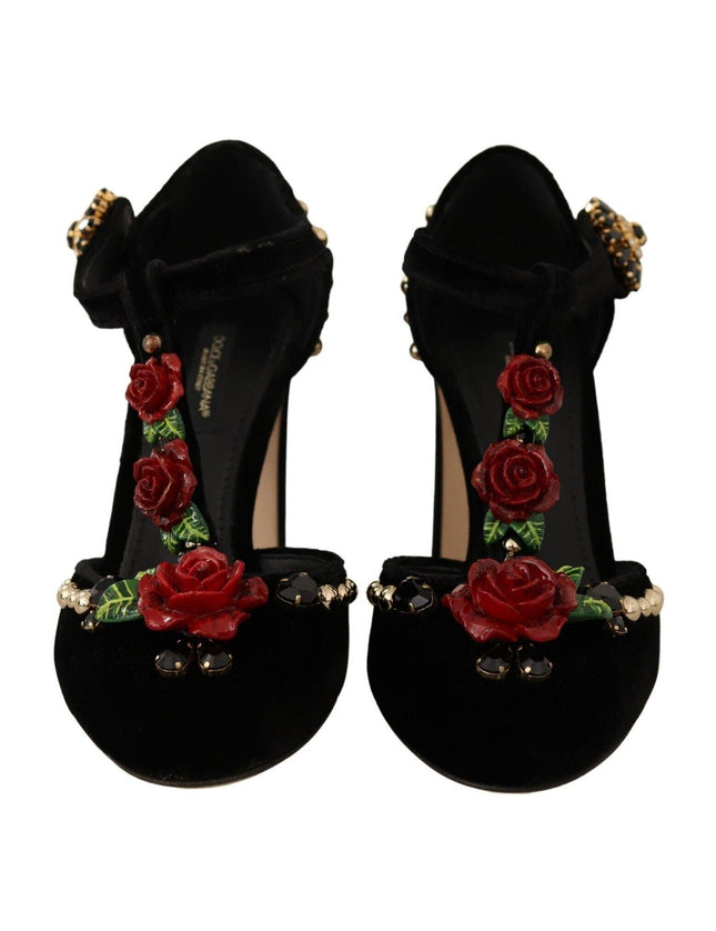 Dolce & Gabbana Black Mary Jane Pumps Roses Crystals Shoes - Ellie Belle