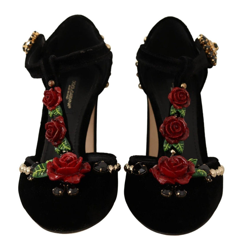 Dolce & Gabbana Black Mary Jane Pumps Roses Crystals Shoes - Ellie Belle