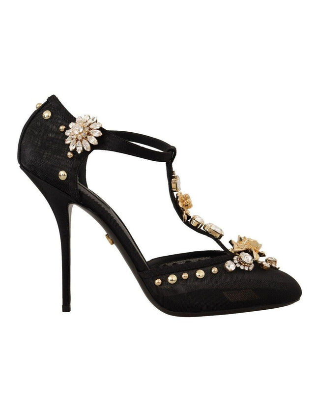 Dolce & Gabbana Black Mesh Crystals T-strap Heels Pumps Shoes - Ellie Belle