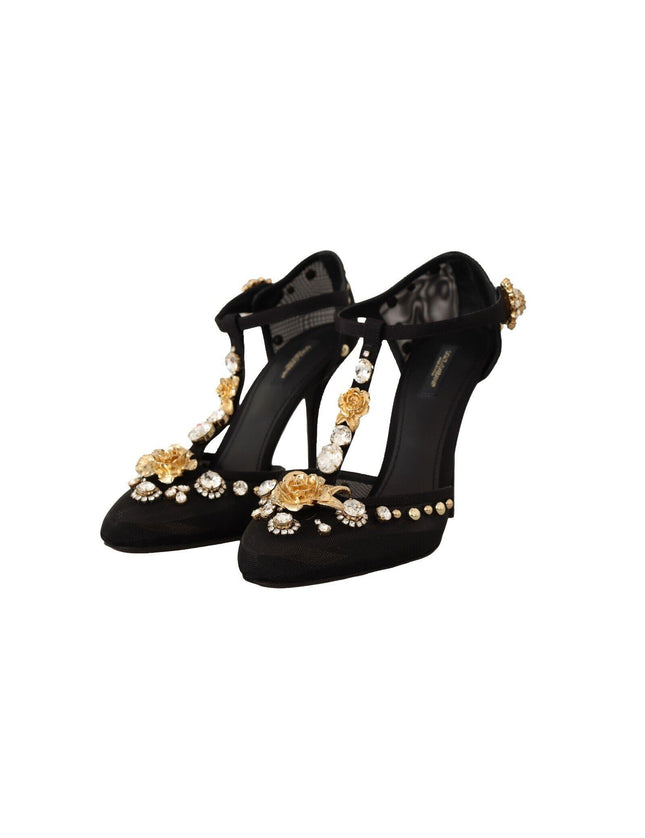 Dolce & Gabbana Black Mesh Crystals T-strap Heels Pumps Shoes - Ellie Belle