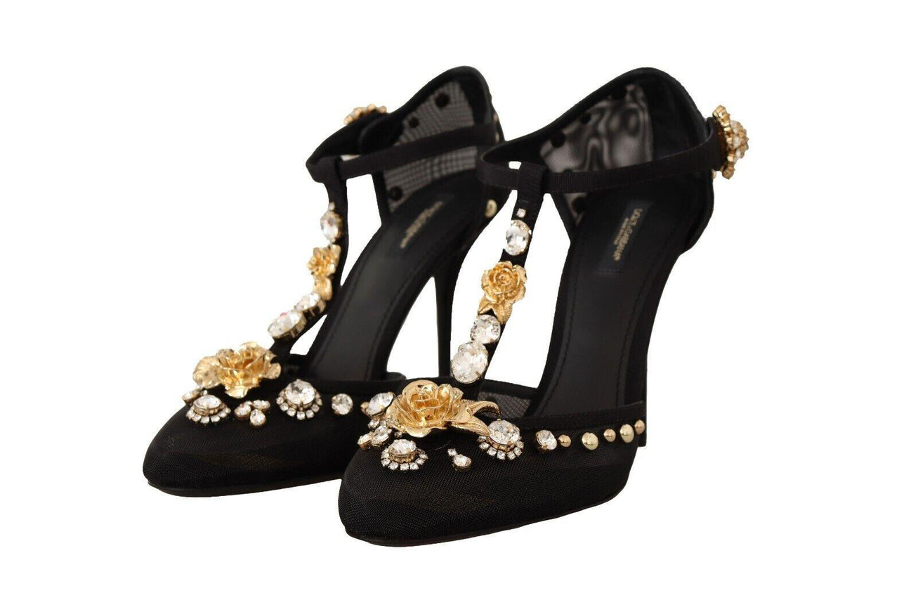 Dolce & Gabbana Black Mesh Crystals T-strap Heels Pumps Shoes - Ellie Belle