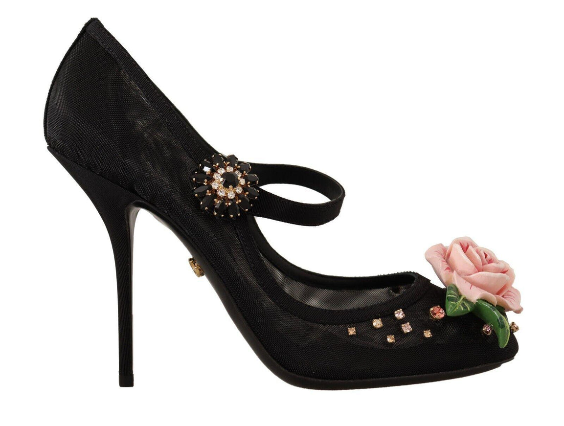 Dolce & Gabbana Black Mesh Embellished Pumps Mary Jane Shoes - Ellie Belle