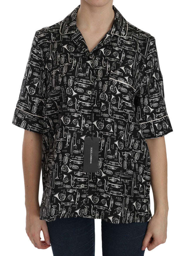 Dolce & Gabbana Black Musical Instrument Print Silk Top