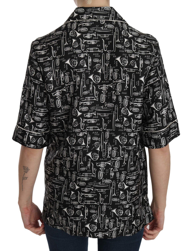 Dolce & Gabbana Black Musical Instrument Print Silk Top