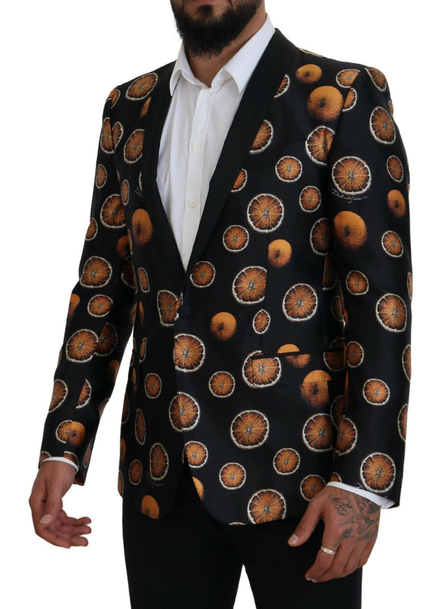 Dolce & Gabbana Black Orange Printed Coat Martini Blazer - Ellie Belle