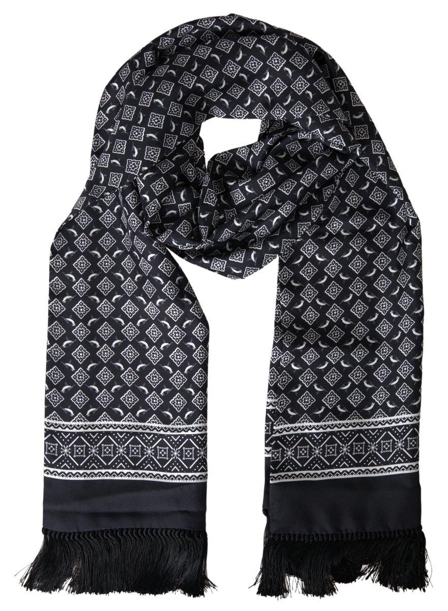 Dolce & Gabbana Black Patterned Silk Wrap Shawl Fringe Scarf - Ellie Belle