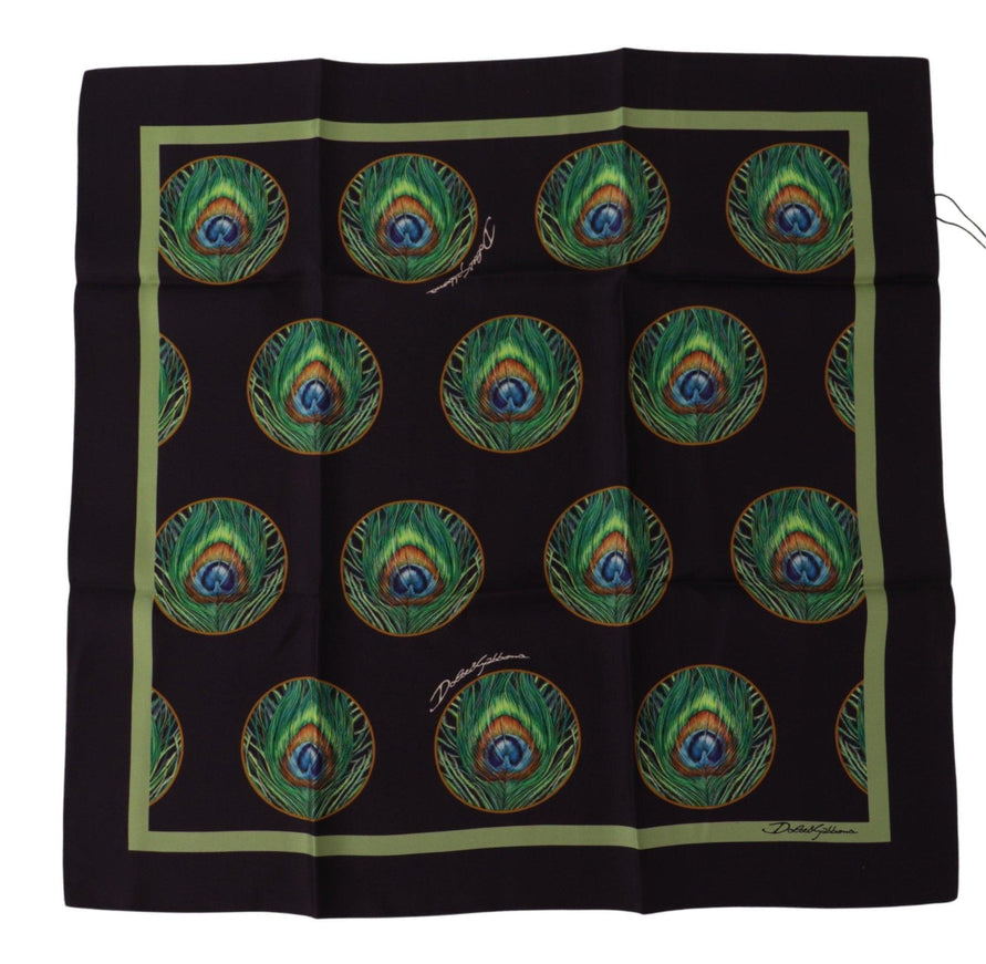 Dolce & Gabbana Black Peacock Feather DG Printed Square Handkerchief Scarf - Ellie Belle