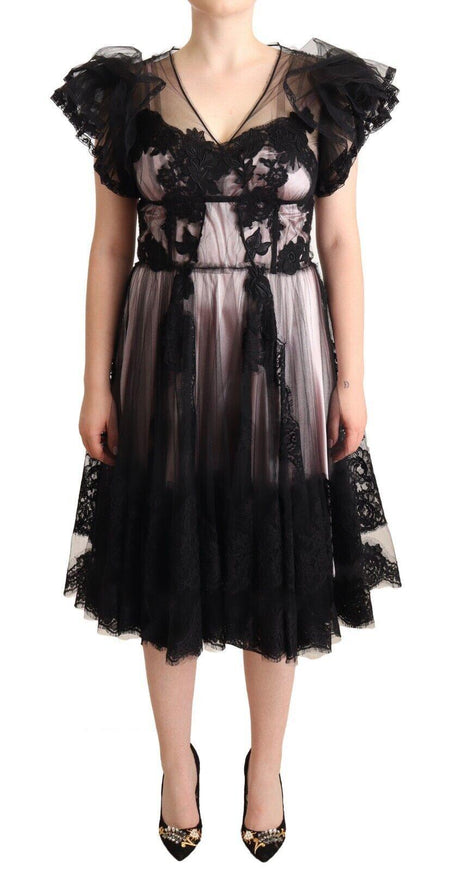 Dolce & Gabbana Black Pink Floral Lace A-line Midi Sheer Dress - Ellie Belle